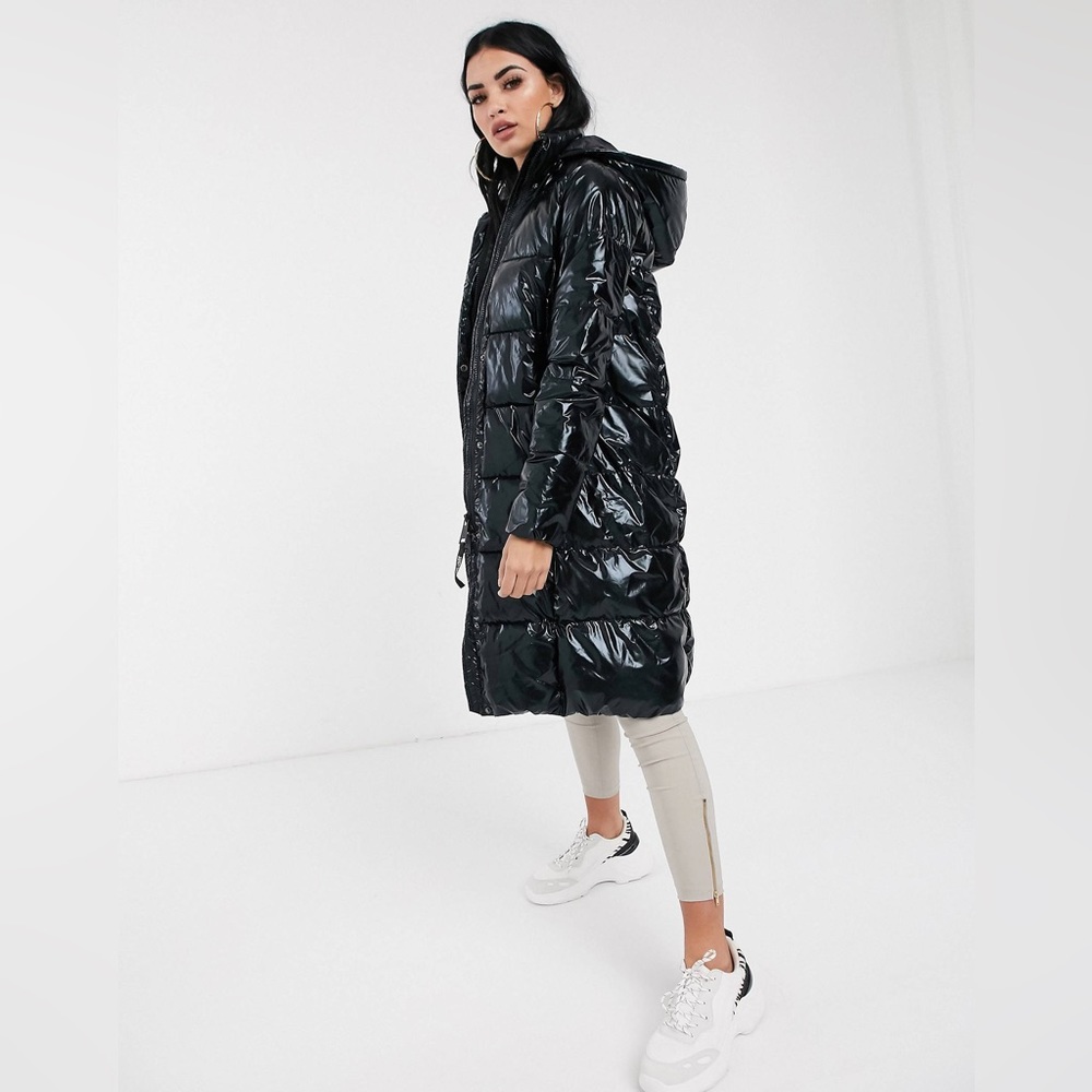 Juicy Couture longline padded jacket with logo back in shiny black